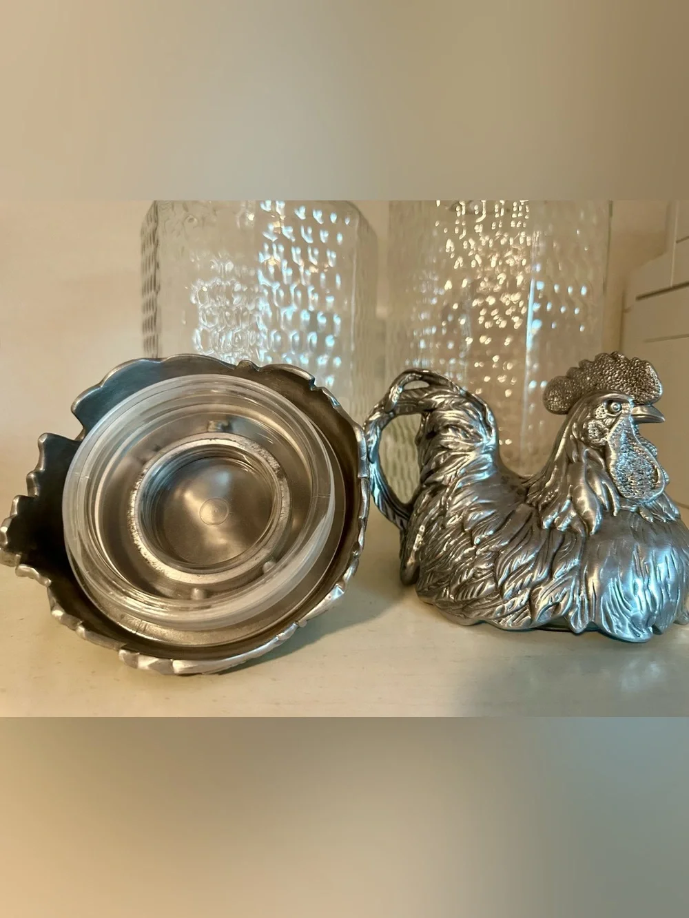 Vintage 2002 RARE Arthur Court Rooster Lids Glass Canisters - Set of 2